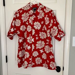 Lands End Hawaiian Men’s button down shirt size XL 17-17.5 Red, White & Gray